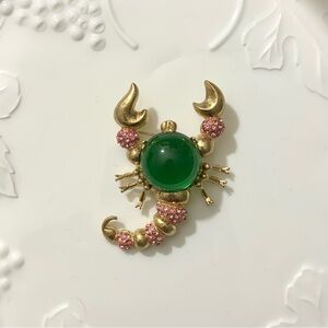 Scorpion Brooch Womens Jewelry Gold Tone Pink Rhinestones Green Resin Center